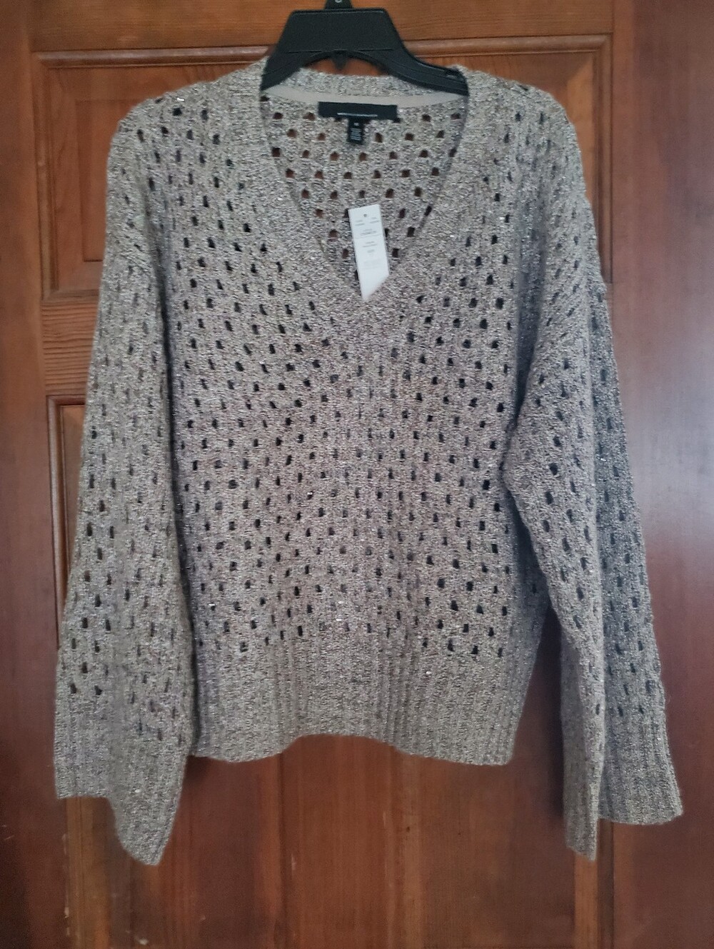 White House Black Market V-Neck Open Knit Sweater - Taupe Sparkle